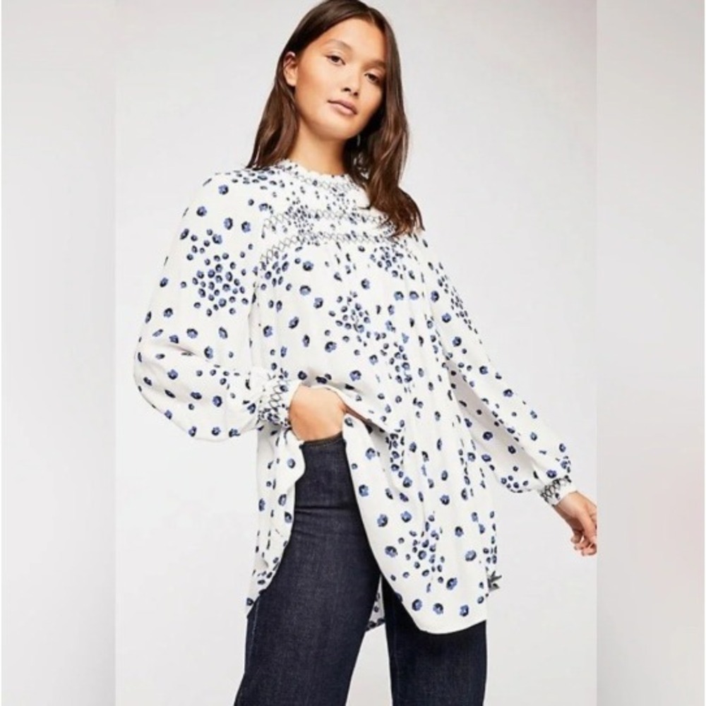 Free People Flowers in Her Hair Tunic Blue Floral Smocked Long Sleeve Top Small